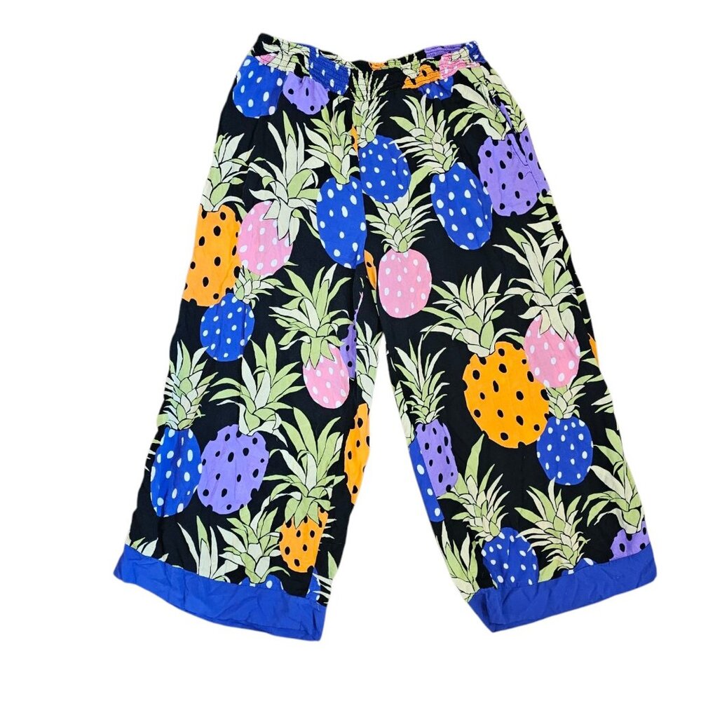 VTG Womens Cropped Wide Leg Pants Pullon Tropical Pineapple Rayon Colorful Sz M‎